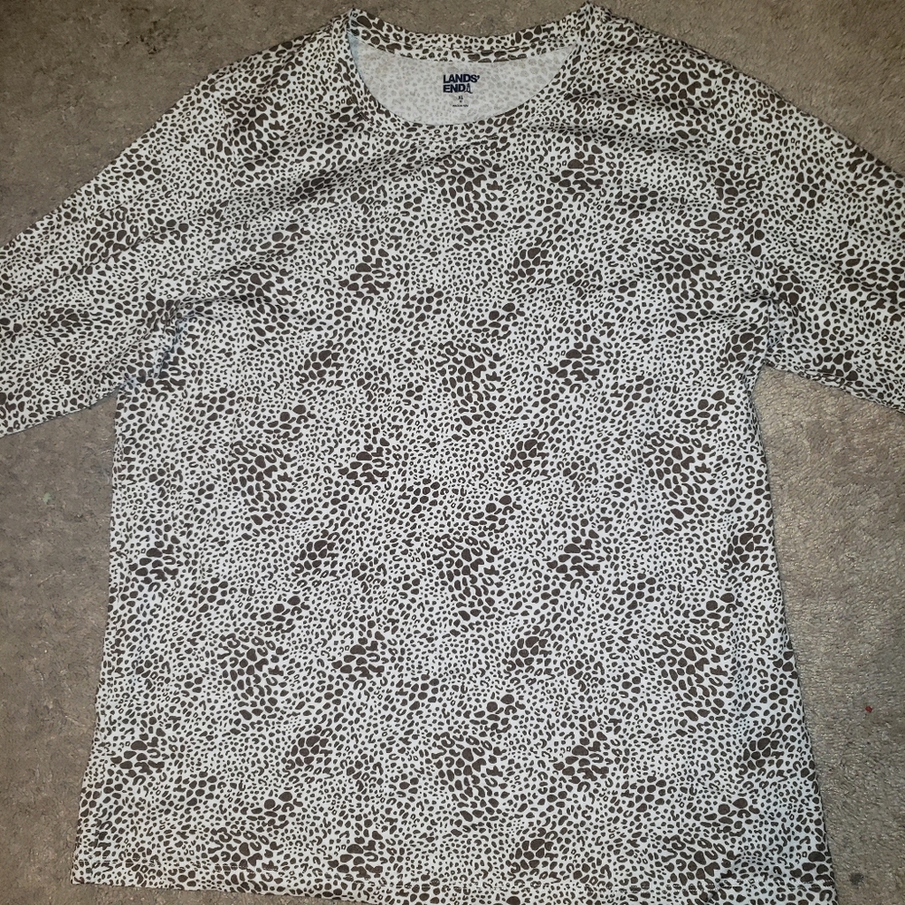 Lands' End Womens Long Sleeve White Shirt w Brown Leopard Spot Print XL New